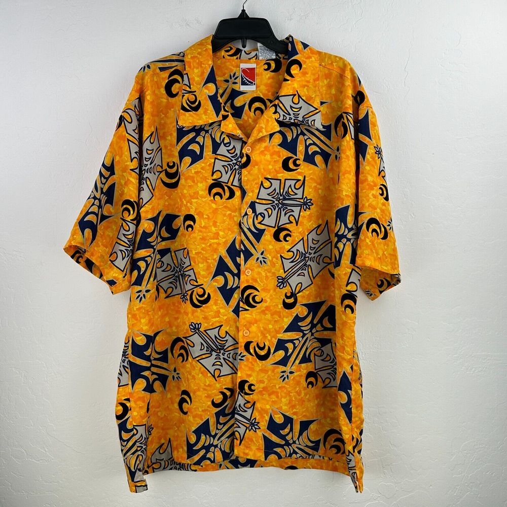 Vtg Camp Shirt Mens XL Orange Yellow Floral AOP Print‎ Button Up Hawaiian Casual